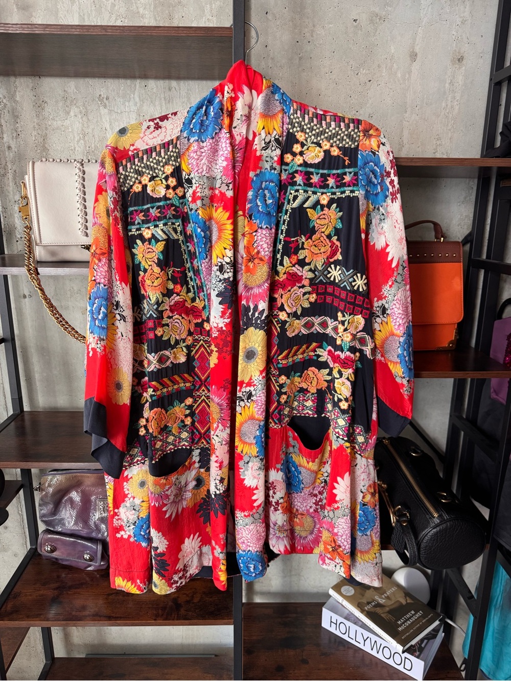 Johnny Was Multicolor Floral Embroidered Patchwork Kimono w pockets Size Small